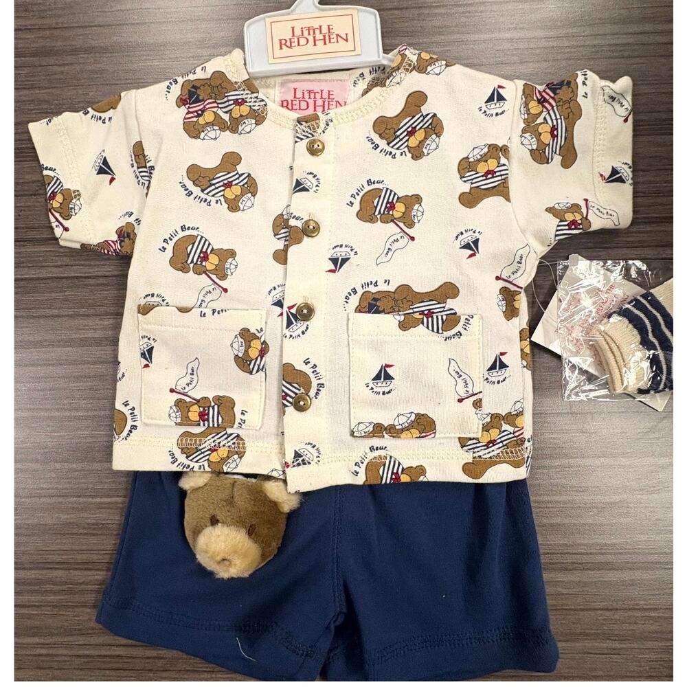 Vintage Little Red Hen Shorts Set Baby Boys Size 3-6 M Cream Blue Le Petit Bear